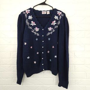 Vintage Huntington Ridge Floral Embroidered Button Up Cardigan Navy Cottagecore